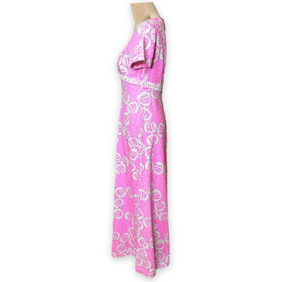 Vintage 60s 70s Harmay Maxi Formal Dress Pink White Geometric Print Size Small - Picture 5 of 17
